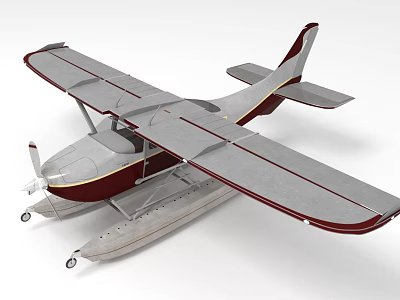 Seaplane Passenger Aircraft With Gray Maroon Body And Float Design 3d model