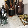 Stylish Kitchen Utensils Display On Wooden Shelf With Cutting Board Green Mugs Glassware And Jars