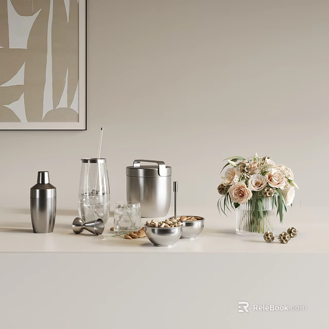 Modern Minimalist Decorative Ornament Set With Metallic Ice Bucket Cocktail Shaker And Flower Bouquet 3d model 