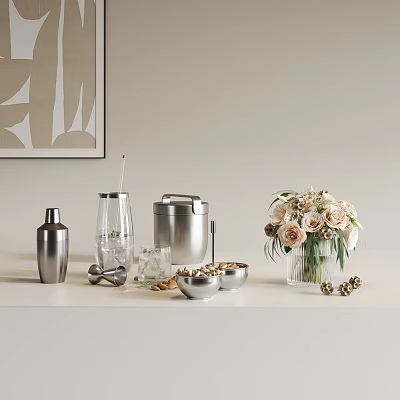 Modern Minimalist Decorative Ornament Set With Metallic Ice Bucket Cocktail Shaker And Flower Bouquet 3d model