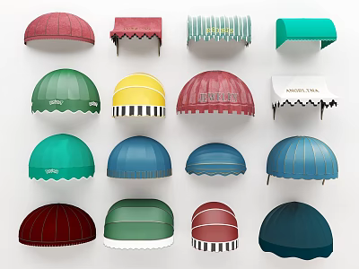 Collection Of Colorful Outdoor Awnings With Various Patterns And Decorative Edges 3d model
