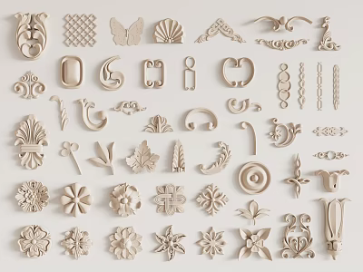 Carved Decorative Elements With Various Floral Butterfly Shell And Geometric Designs 3d model