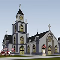 Elegant European Style Architecture With Clock Tower Spires And Arched Windows In Garden Setting