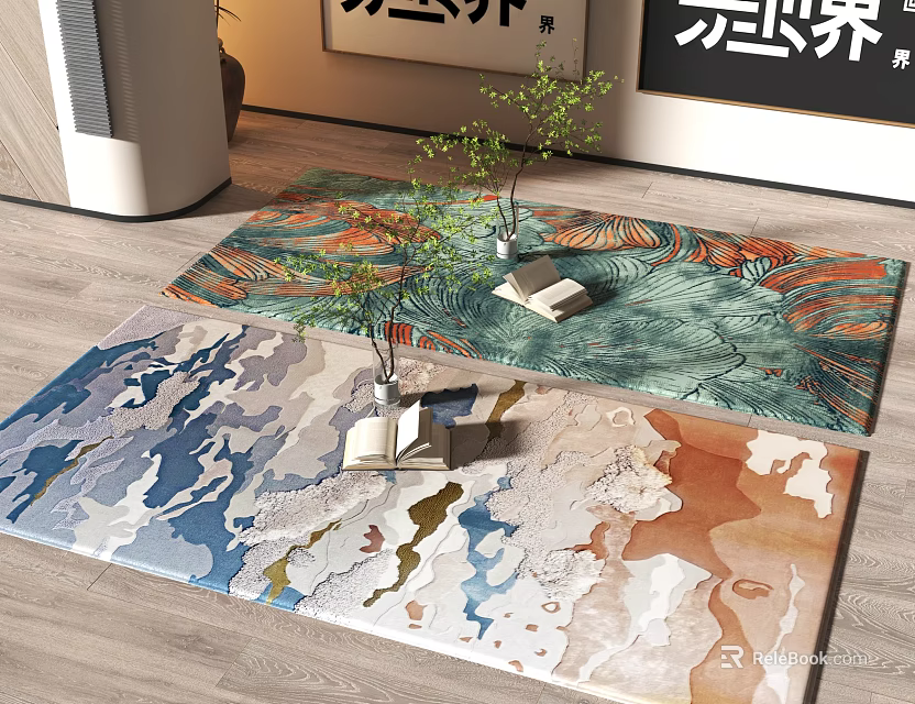 Colorful Abstract Square Rug With Watercolor Pattern In Living Room Featuring Potted Plant And Books 3d model 