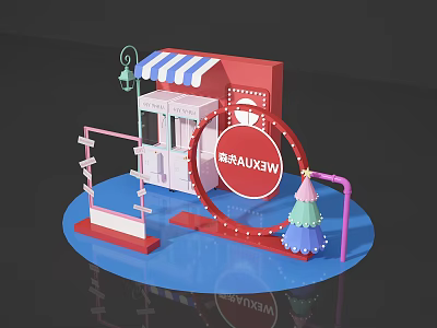 Vibrant Photo Check in Spot With Red Building BRAVIEW Sign Circular Board And Christmas Tree 3d model