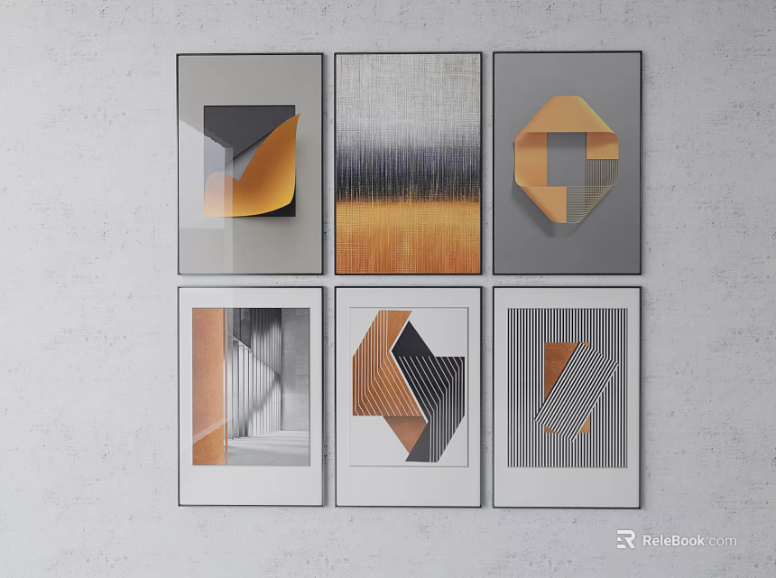 Six Modern Abstract Framed Wall Art Pieces with Geometric Patterns Gray Orange Tones 3d model