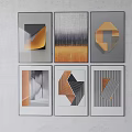 Six Modern Abstract Framed Wall Art Pieces with Geometric Patterns Gray Orange Tones 3d model