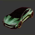 Green Sports Car Featuring Sleek Design Black Roof Yellow Wheels on Dark Reflective Background
