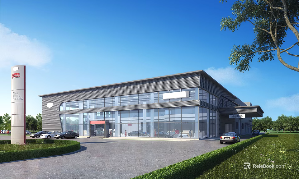 Modern Commercial Street Building With Glass Facade Green Landscaping Parking Area And Cars 3d model 