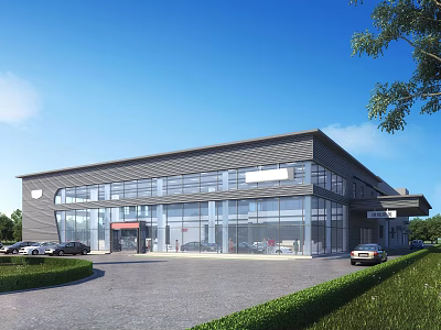 Modern Commercial Street Building With Glass Facade Green Landscaping Parking Area And Cars 3d model