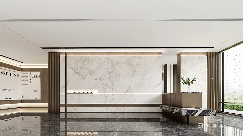 Modern Reception Area with Marble Wall Wooden Desk and Vase with Flowers 3d model 