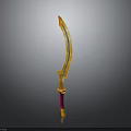 Golden Scimitar Weapon with Curved Blade Red Yellow Handle and Decorative Design