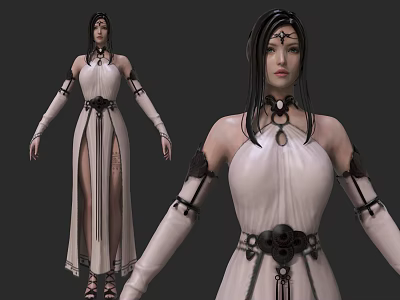 Fantasy Female Game Character With White Gown And Leather Arm Cuffs 3d model