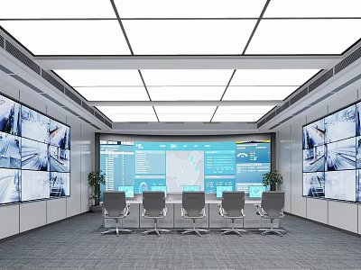 Modern Control Room Interior With Multiple Screens Console Desk Office Chairs And Plants 3d model