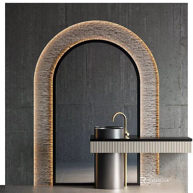 Modern Bathroom Vanity With Arched Golden Frame Mirror Black Countertop And Faucet 3d model 