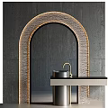 Modern Bathroom Vanity With Arched Golden Frame Mirror Black Countertop And Faucet