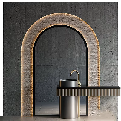 Modern Bathroom Vanity With Arched Golden Frame Mirror Black Countertop And Faucet 3d model
