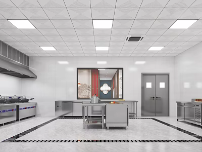 Commercial Restaurant Kitchen Layout With White Ceiling Square Lights Stainless Steel Equipment And Double Doors 3d model