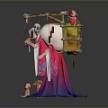 Traditional Female Sculpture in Pink Purple Robe with Hanging Lanterns and Small Pink Figures