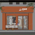 Red Brick Storefront Facade with Glass Door Bench and Wooden Barrels