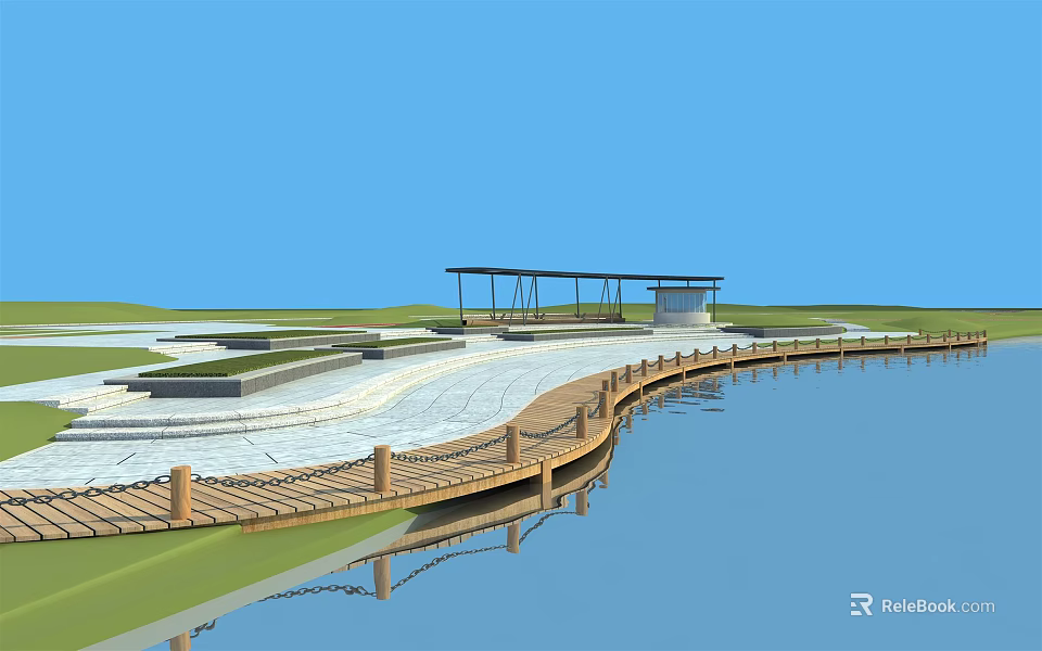 Scenic Road Facilities With Wooden Boardwalk Stone Pavement And Covered Platform Along Waterfront Green Space 3d model 