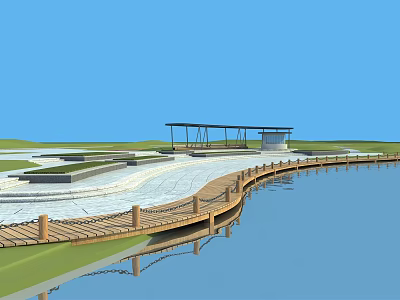Scenic Road Facilities With Wooden Boardwalk Stone Pavement And Covered Platform Along Waterfront Green Space 3d model