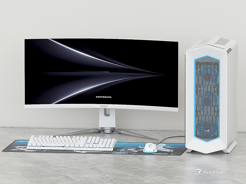 White Computer Setup With Curved Monitor Tower Case Keyboard And Mouse Pad 3d model 