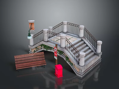 Stone Bridge With Iron Railing Steps Wooden Bench Trash Can And Lamp Post 3d model