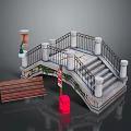 Stone Bridge With Iron Railing Steps Wooden Bench Trash Can And Lamp Post