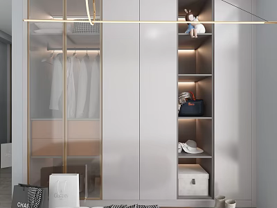 Modern Sleek Wardrobe Interior With Glass Doors LED Lighting And Storage Shelves 3d model