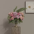 Pink and Peach Flowers Arrangement in Glass Vase with Brass Base on Wooden Block