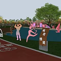 Scenic Park Landscape With Red Fitness Trail Bicycle Green Lawn Lake And Wooden Boardwalk