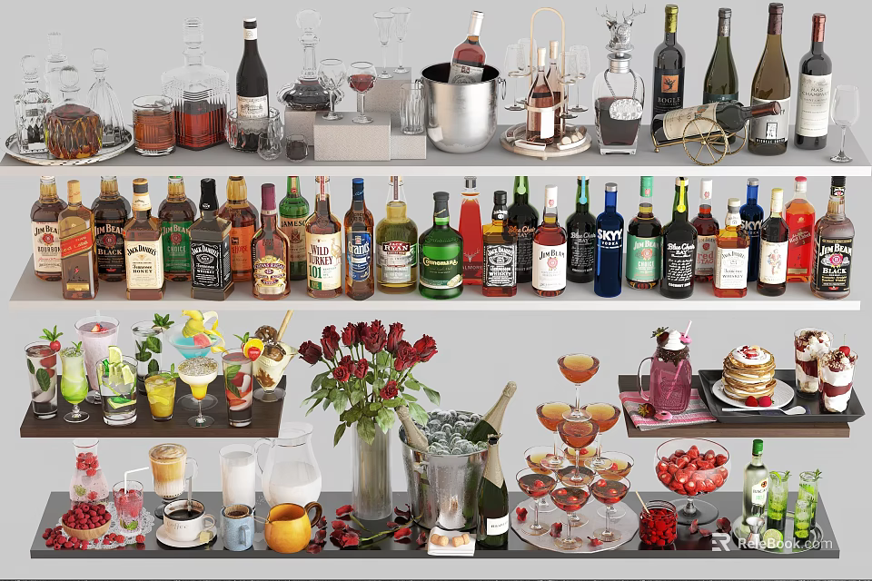 Assorted Wine Bottles and Cocktail Glasses Display with Floral Arrangements and Fresh Fruits 3d model 