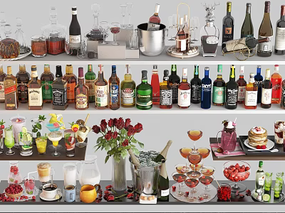 Assorted Wine Bottles and Cocktail Glasses Display with Floral Arrangements and Fresh Fruits 3d model