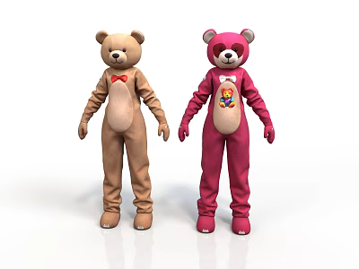 Brown And Pink Bear Costumes With Red Bowtie Mask And Colorful Chest Design 3d model