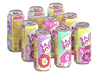 Canned SA BO Beverages with Vibrant Colors and Cute Cartoon Characters Multiple Cans 3d model