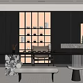 Modern Tea Room Interior With Black Cabinets Lattice Window Tea Sets And Marble Stools 3d model