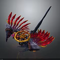 Mechanical Mythical Creature With Red Blue Wings Spiked Head And Golden Gear