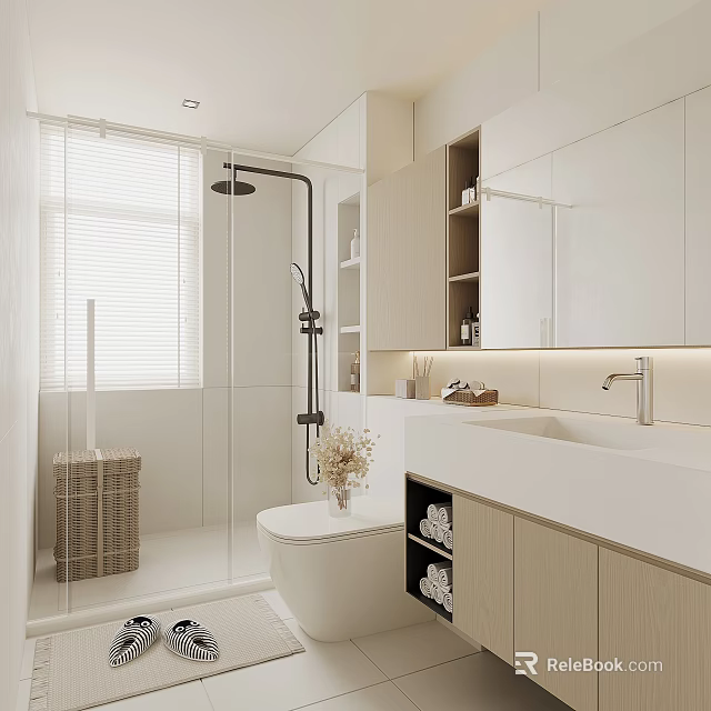 Modern Bathroom Interior With Glass Shower Partition Vanity Mirror And Storage Cabinets 3d model 