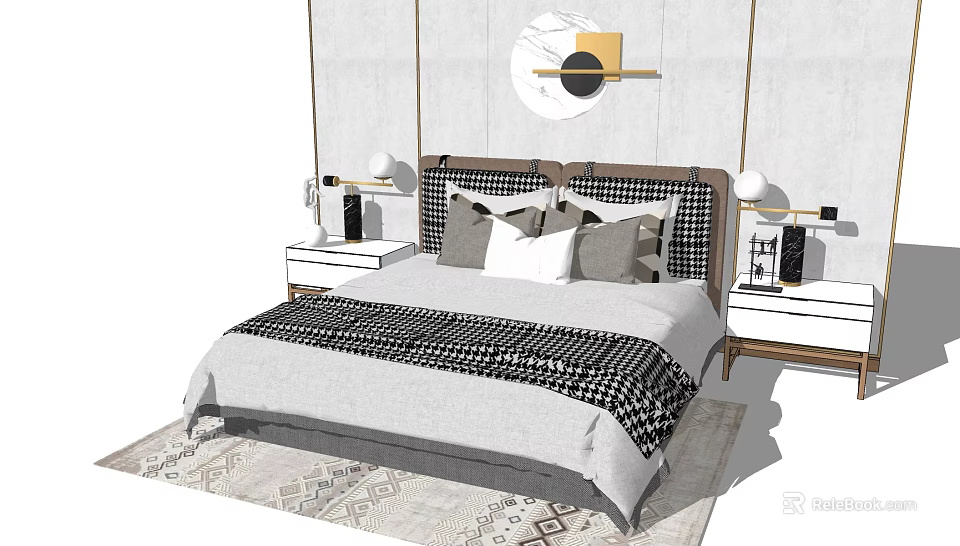 Modern Double Bed Interior With Round Wall Art Patterned Pillows And Checkered Blanket 3d model