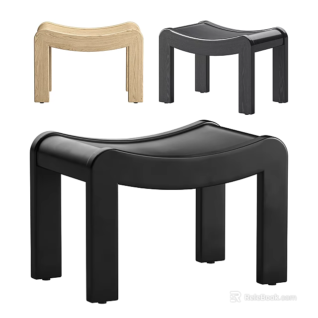 Stylish Modern Stools With Curved Seat Design In Black Leather And Light Wood 3d model 