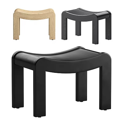 Stylish Modern Stools With Curved Seat Design In Black Leather And Light Wood 3d model