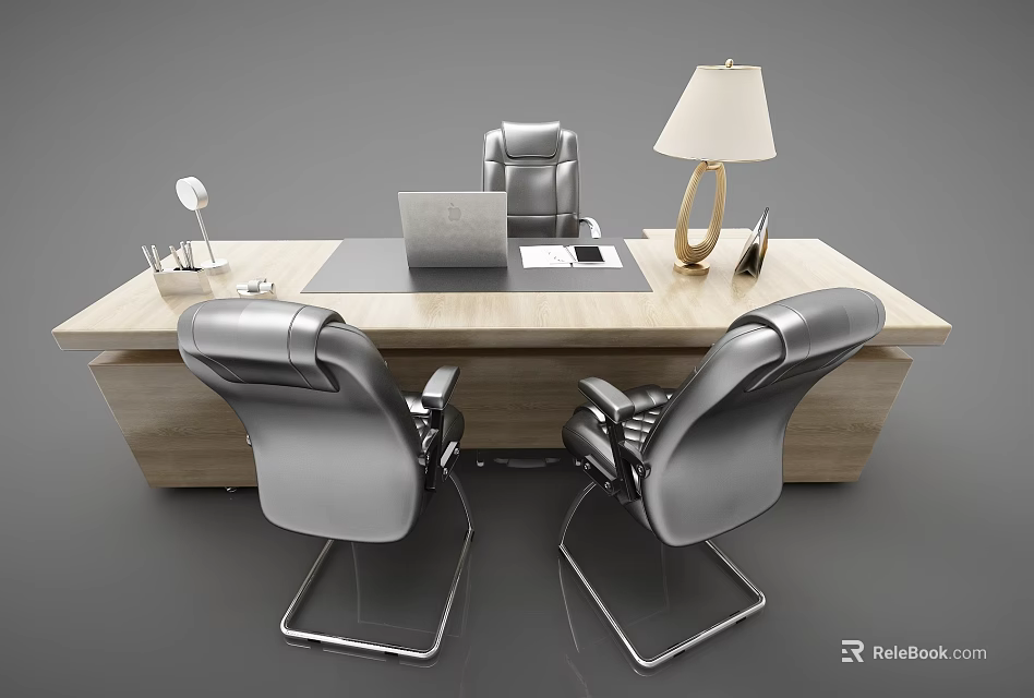 Modern Wooden Office Desk With Laptop Table Lamp Office Supplies And Leather Chairs 3d model 