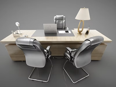 Modern Wooden Office Desk With Laptop Table Lamp Office Supplies And Leather Chairs 3d model