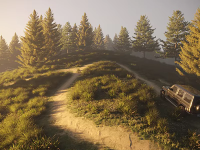 Stunning Golden Hour Pine Forest Hillside Dirt Road Natural Scenery With Parked Off Road Vehicle 3d model