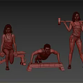 Multiple People Exercising Doing Push Ups Lifting Dumbbells And Holding Barbell With Bench 3d model