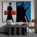 Modern Wall Art Featuring Silhouette Figure With Hat And Dark Character With Red Lightsaber