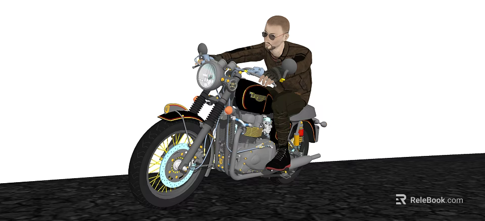 Man Riding Vintage Motorcycle With Brown Jacket Sunglasses Gold Wheels And Leather Seat 3d model 