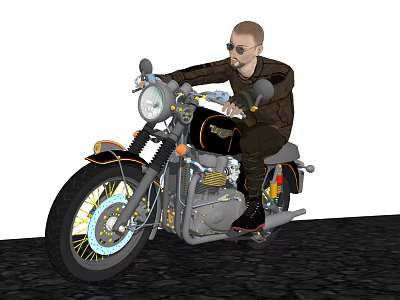Man Riding Vintage Motorcycle With Brown Jacket Sunglasses Gold Wheels And Leather Seat 3d model