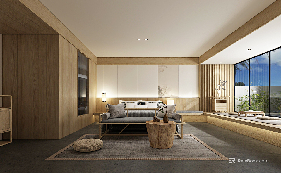 Modern Hotel Guest Room With Wooden Elements Bed Area Rug And Window Seat Area 3d model 